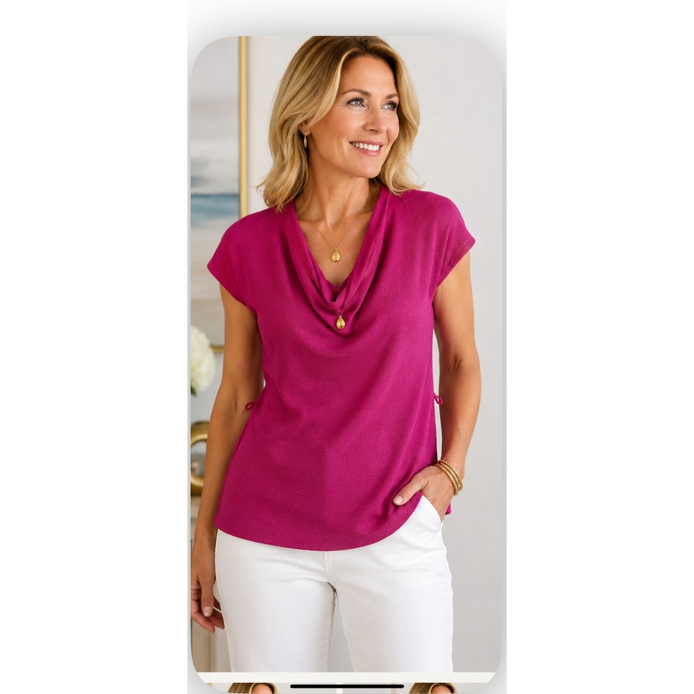 St. John Collection Cowl Neck Santana Knit Top S Magenta Pink Gold Quietâ Luxury